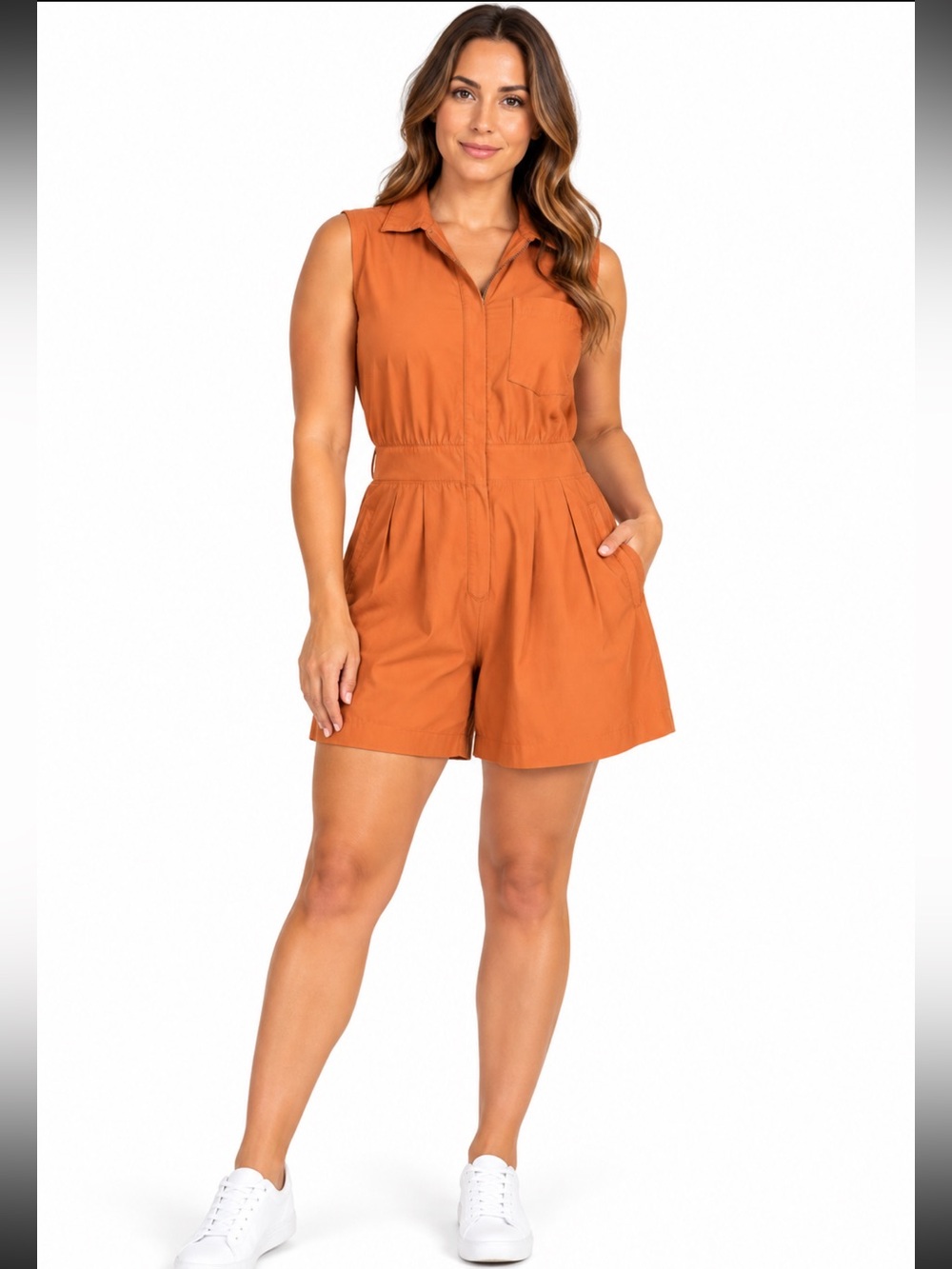 Athleta Women’s Size 12 Burnt Orange Utility Romper Sleeveless Zip Front Shorts